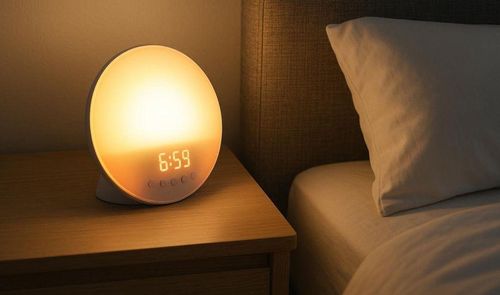 Despertador con simulación del amanecer y luz cálida sobre una mesita de noche junto a la cama