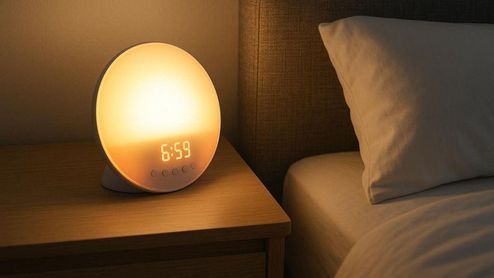 Despertador con simulación del amanecer y luz cálida sobre una mesita de noche junto a la cama