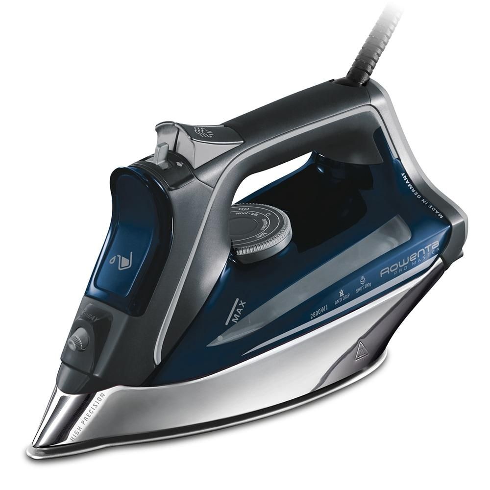 Plancha de vapor Rowenta DW8221 Pro Master en color azul oscuro y negro sobre fondo blanco.