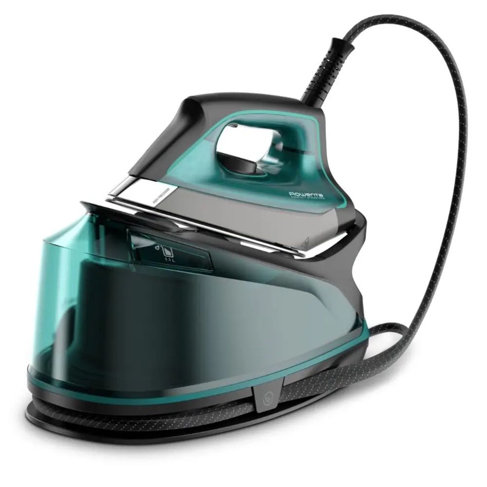 Centro de planchado Rowenta Compact Steam Pro DG7623F0 con plancha y depósito de agua en color negro y azul.