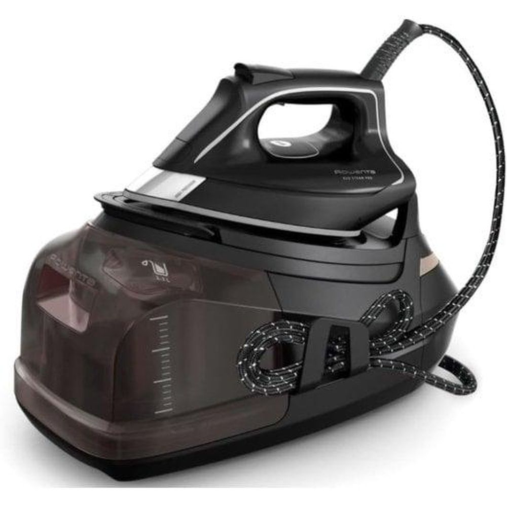 Centro de planchado Rowenta Eco Steam Pro DG9611 con plancha y depósito de agua sobre fondo blanco.