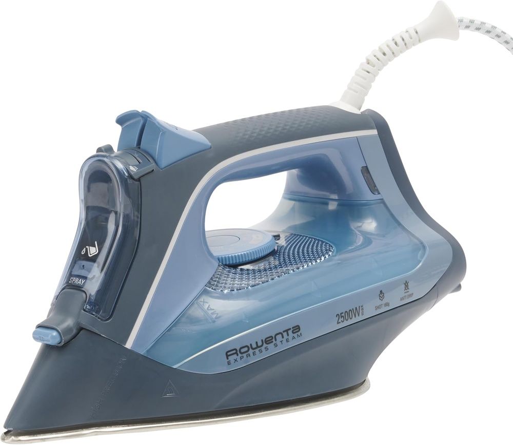 Plancha de vapor Rowenta Express Steam DW4320 en color azul y gris sobre fondo blanco.
