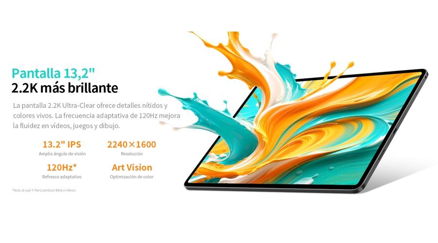 Tablet Teclast con pantalla de 13,2 pulgadas y resolución 2,2K, acompañada de una ilustración de colores naranja y turquesa