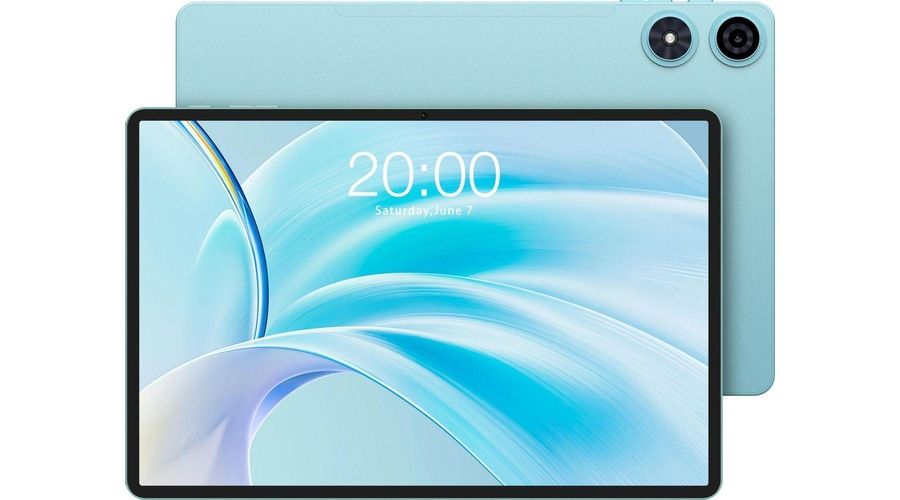 Tablet Teclast de color azul vista por delante y por detrás, con pantalla de bordes reducidos y doble módulo circular en la parte trasera