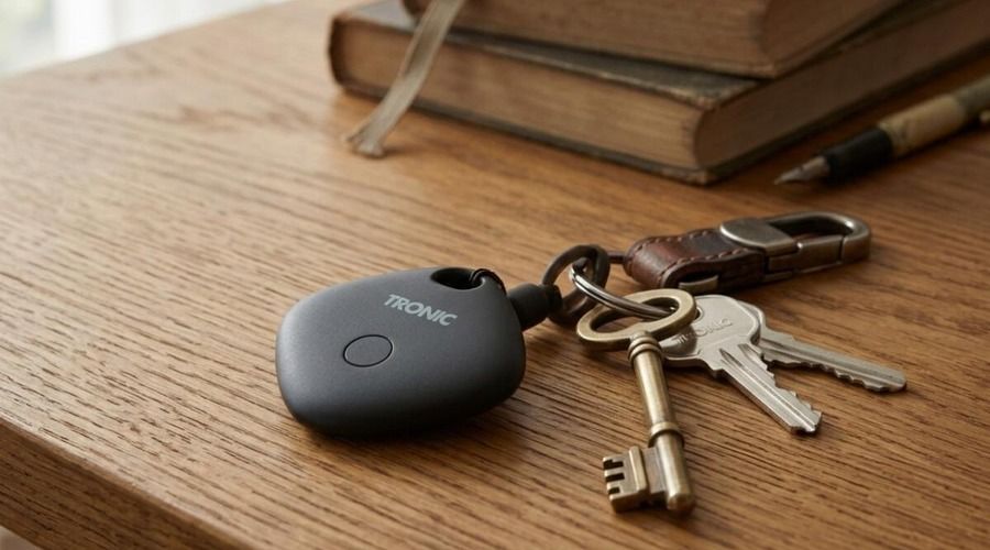 Localizador Bluetooth TRONIC Smart Tag negro de Lidl colocado en un llavero sobre una mesa de madera