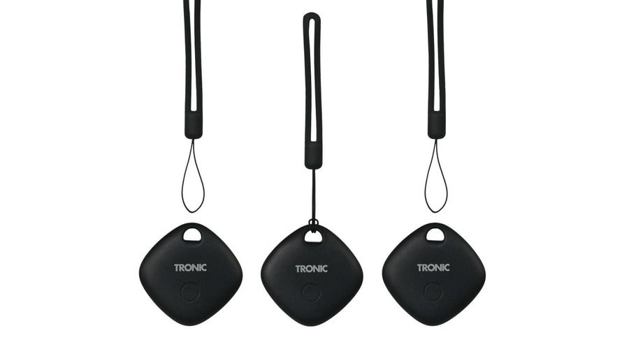 Pack de tres localizadores TRONIC Smart Tag negros de Lidl con sus respectivas correas de sujeción sobre fondo blanco