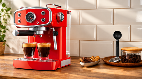 Cafetera exprés roja de estilo retro preparando dos cafés.