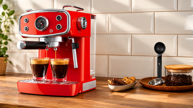 Cafetera exprés roja de estilo retro preparando dos cafés.