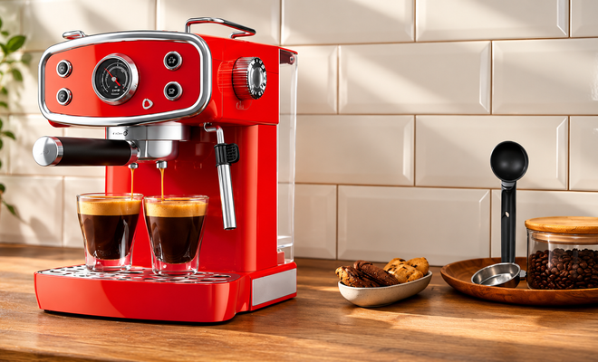 Cafetera exprés roja de estilo retro preparando dos cafés.