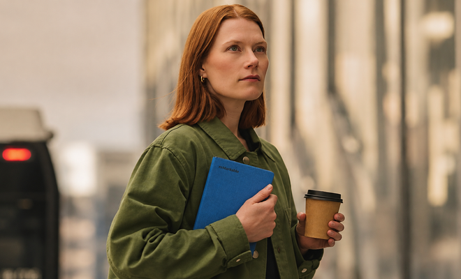 Mujer sosteniendo un reMarkable Paper Pro Move con funda azul mientras lleva un café en la mano.