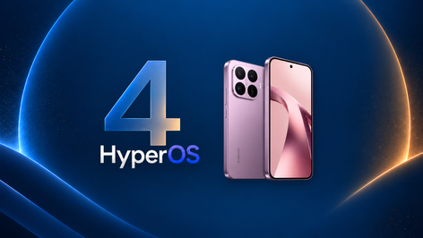 Xiaomi 17T en color violeta, visto por delante y por detrás, junto al logotipo de HyperOS 4 sobre fondo azul.