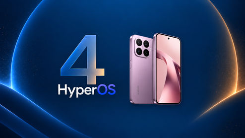 Xiaomi 17T en color violeta, visto por delante y por detrás, junto al logotipo de HyperOS 4 sobre fondo azul.
