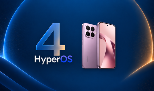 Xiaomi 17T en color violeta, visto por delante y por detrás, junto al logotipo de HyperOS 4 sobre fondo azul.