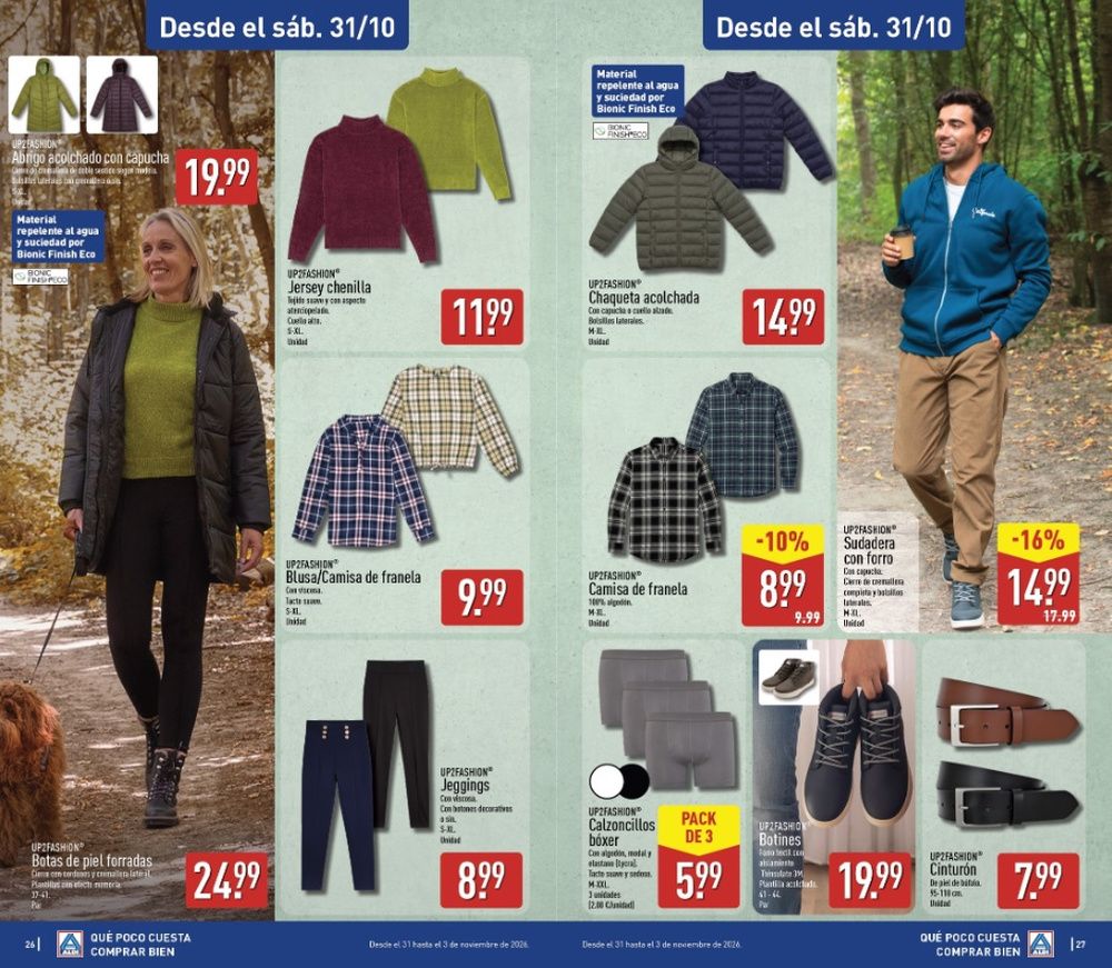 Página del folleto de Aldi con chaquetas, jerséis, camisas y pantalones de otoño para hombre.