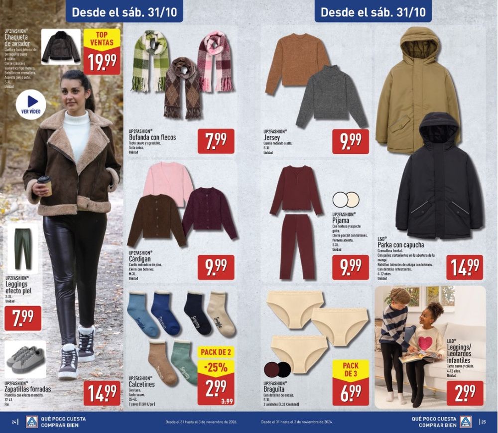 Página del folleto de Aldi con chaquetas, jerséis, pantalones y accesorios de otoño para mujer.