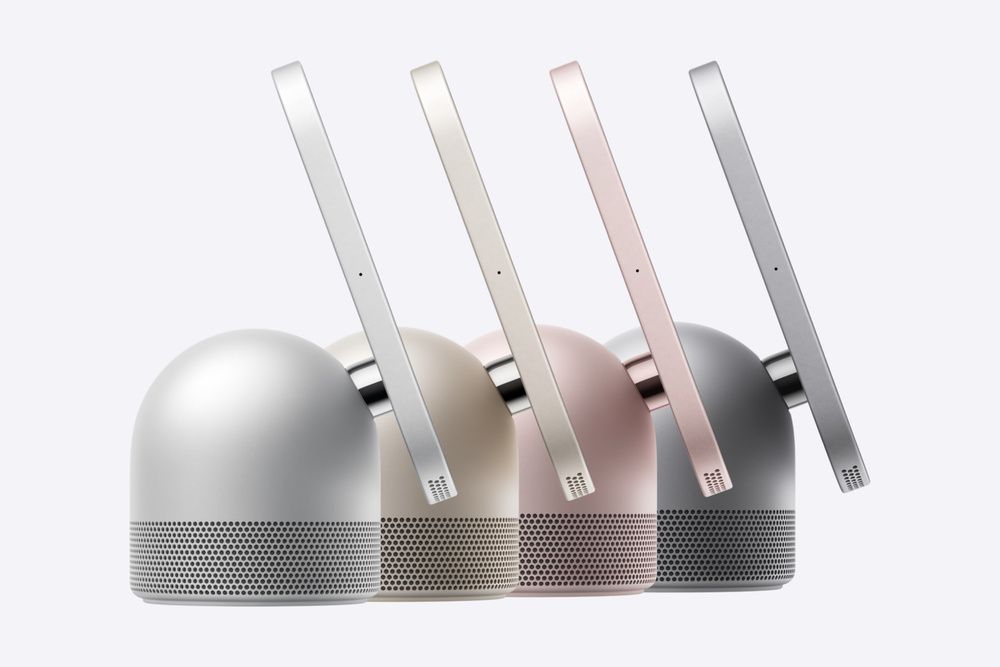 Cuatro Apple HomeView vistos de perfil, con acabados en plata, beige, rosa y gris oscuro.
