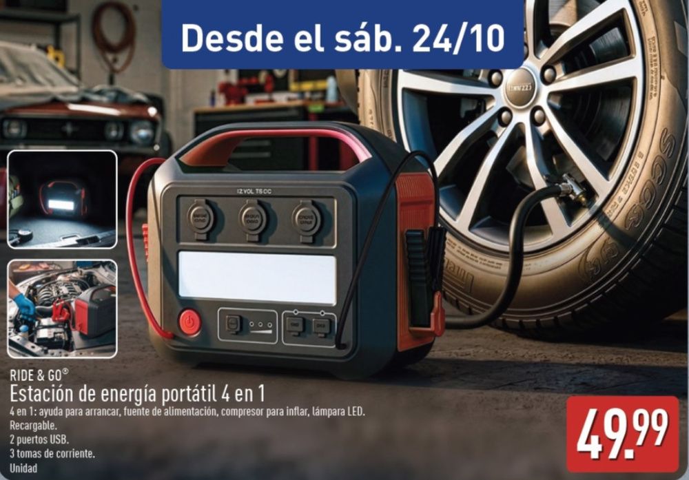 Anuncio de Aldi de una estación de energía portátil 4 en 1, con un coche y una rueda de fondo.