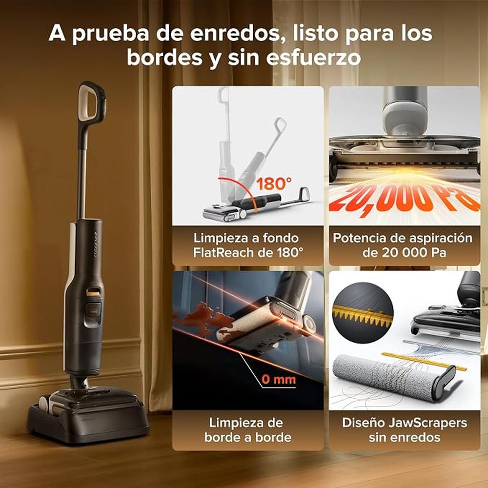 Imagen explicativa de una aspiradora fregadora con inclinación de 180 grados, succión de 20.000 Pa, limpieza de bordes y rodillo antienredos.