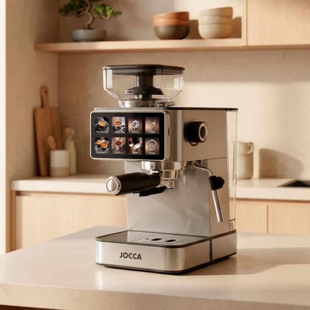 Cafetera espresso JOCCA con pantalla táctil y molinillo integrado.