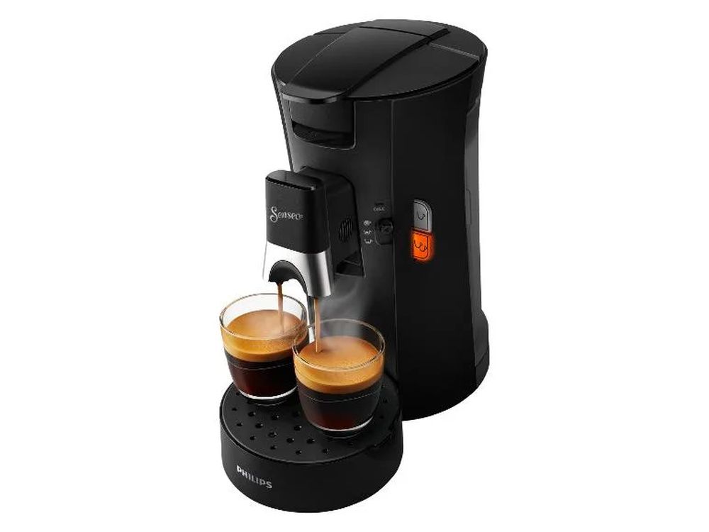 Cafetera Philips Senseo negra preparando café en dos vasos colocados sobre su bandeja.