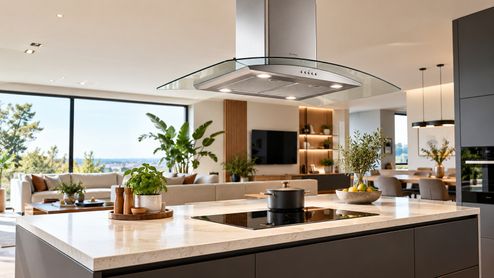 Campana extractora de acero y cristal instalada sobre una isla en una cocina abierta al salón.