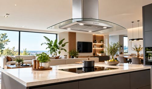 Campana extractora de acero y cristal instalada sobre una isla en una cocina abierta al salón.