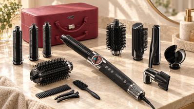 Moldeador Cecotec AirGlisse con cabezales intercambiables y estuche burdeos sobre un tocador.