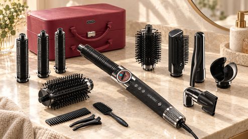 Moldeador Cecotec AirGlisse con cabezales intercambiables y estuche burdeos sobre un tocador.