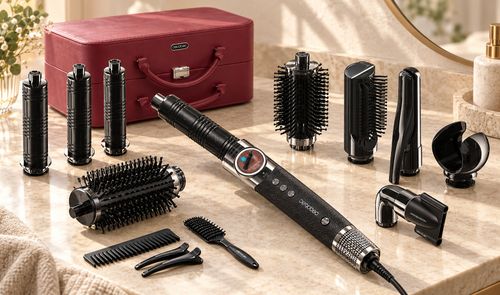 Moldeador Cecotec AirGlisse con cabezales intercambiables y estuche burdeos sobre un tocador.