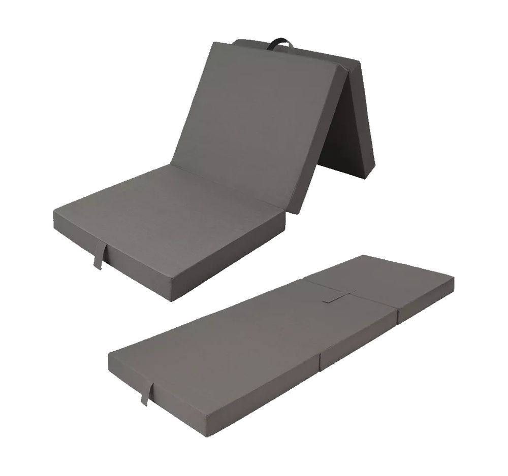 Colchón plegable gris mostrado completamente extendido y con varios segmentos levantados.