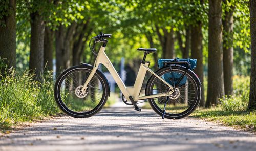 Bicicleta eléctrica CRIVIT Urban Y.3 beige aparcada en un camino arbolado, con una bolsa azul en el portaequipajes trasero.