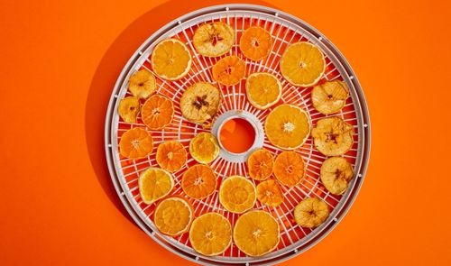 Rodajas de cítricos y manzana deshidratados en una bandeja circular sobre fondo naranja.