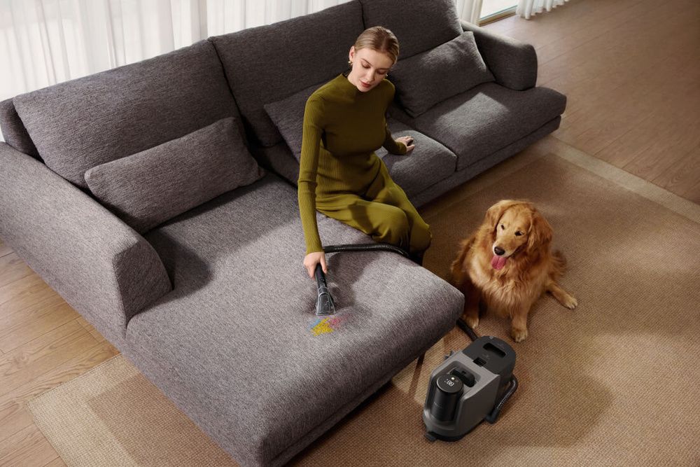 Mujer limpiando una mancha en un sofá gris con el accesorio limpiatapicerías de la Dreame H15 Mix, junto a un perro.
