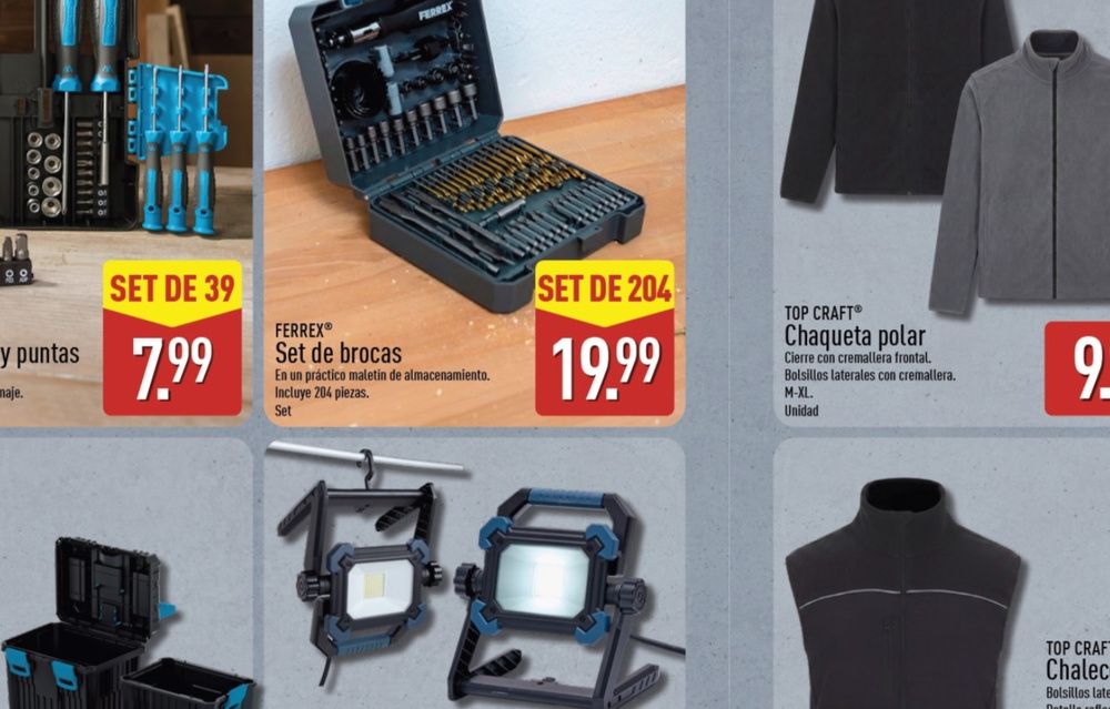 Folleto de Aldi con un set FERREX de 204 piezas en un maletín abierto, junto a otros productos.