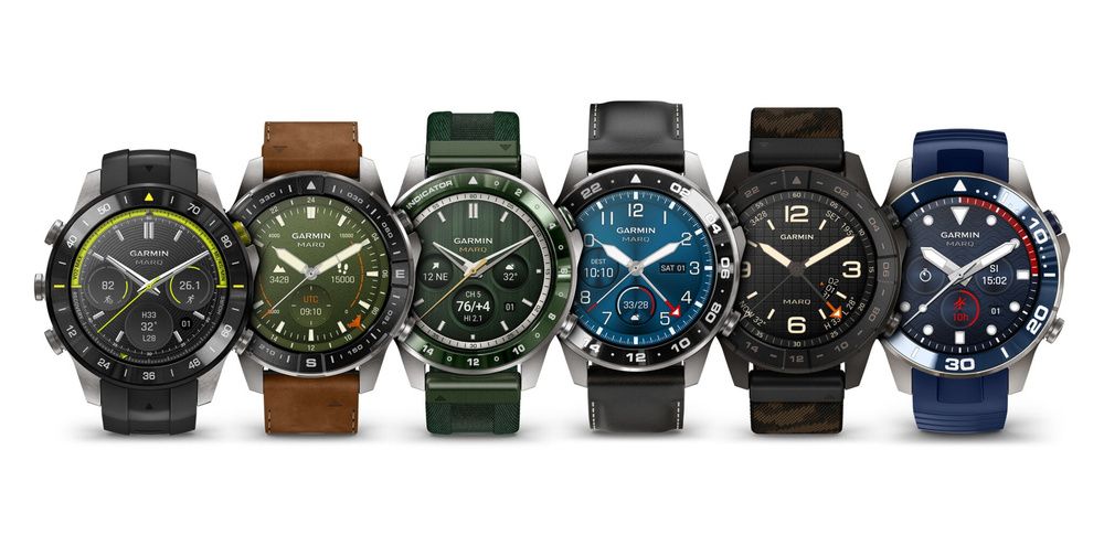 Seis relojes Garmin MARQ alineados sobre fondo blanco, con diferentes esferas, biseles y correas.