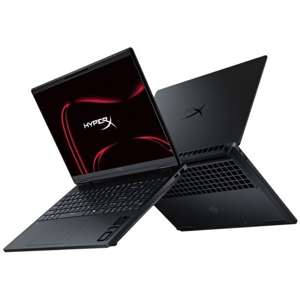 Dos vistas del HP HyperX OMEN 15 que muestran la pantalla, el teclado y la parte trasera de la tapa.