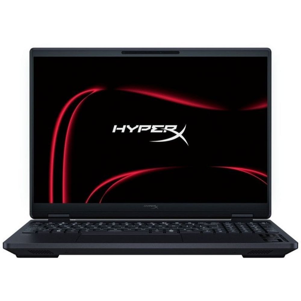Vista frontal del HP HyperX OMEN 15 abierto, con el logotipo de HyperX en la pantalla y el teclado visible.