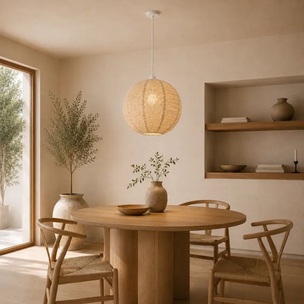 Comedor en tonos beige con mesa redonda de madera, sillas y lámpara colgante de fibras naturales.