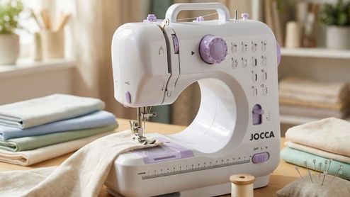 Máquina de coser Jocca blanca y lila sobre una mesa de madera, junto a telas y accesorios de costura.