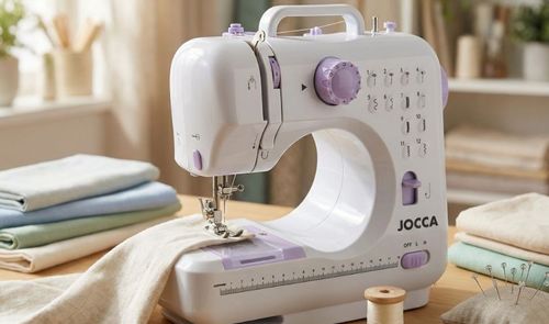 Máquina de coser Jocca blanca y lila sobre una mesa de madera, junto a telas y accesorios de costura.
