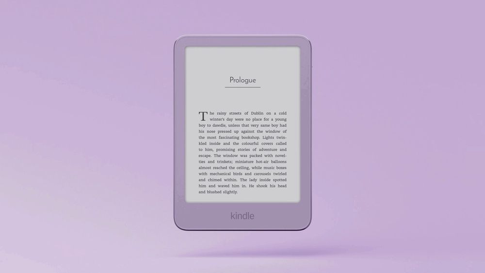 Nuevo Kindle morado mostrando una página de texto sobre un fondo del mismo color.