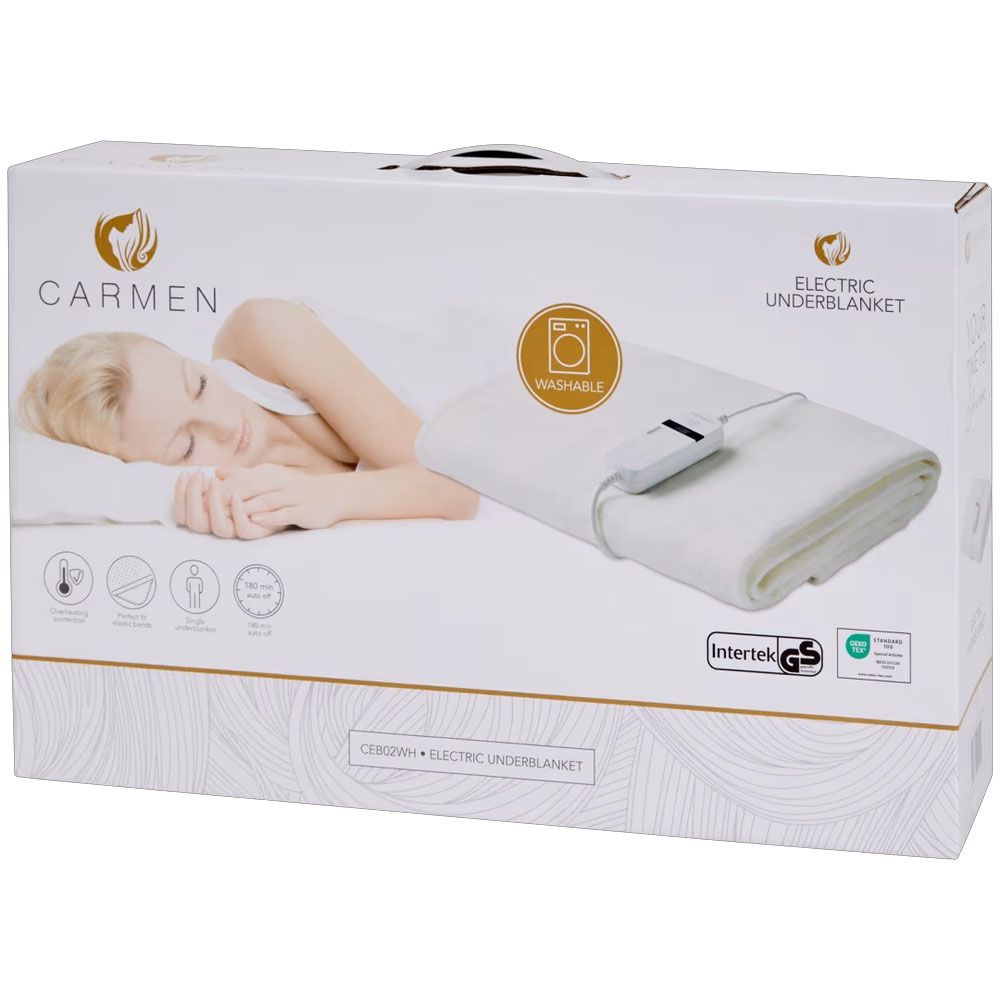 Caja de la manta eléctrica Carmen con imágenes de la manta blanca y su mando de control.