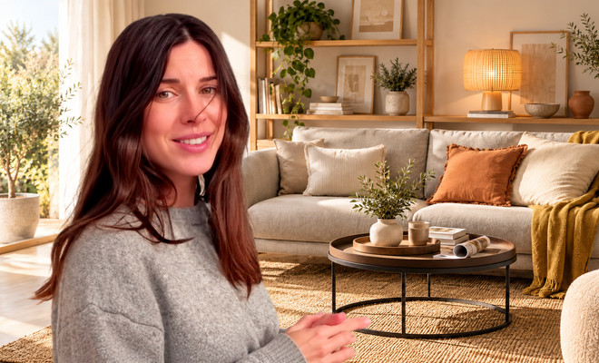 Montaje de Marta Riumbau sonriendo sobre un salón con sofá beige, estanterías de madera y alfombra de yute.