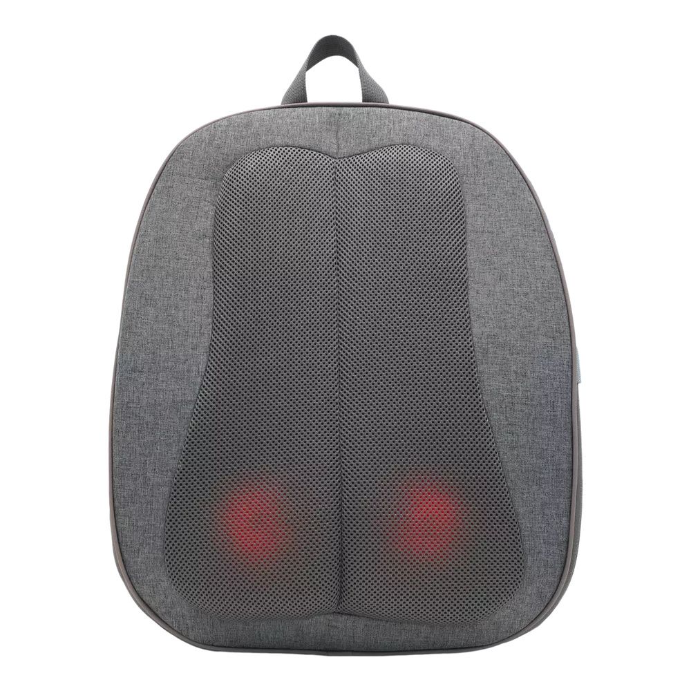 Masajeador de espalda gris con asa superior y dos zonas iluminadas en rojo.