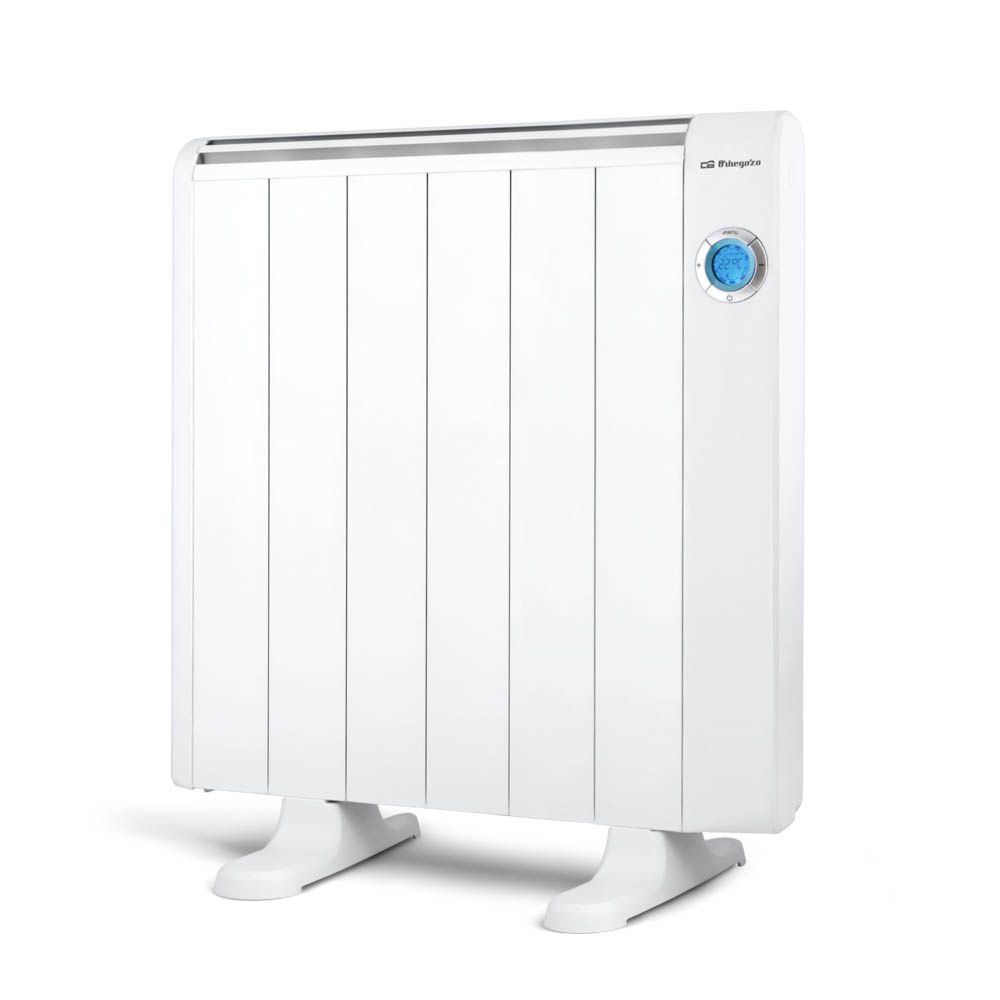 Emisor térmico Orbegozo RRE 1010 A blanco, con seis elementos, pantalla digital y dos pies de apoyo.