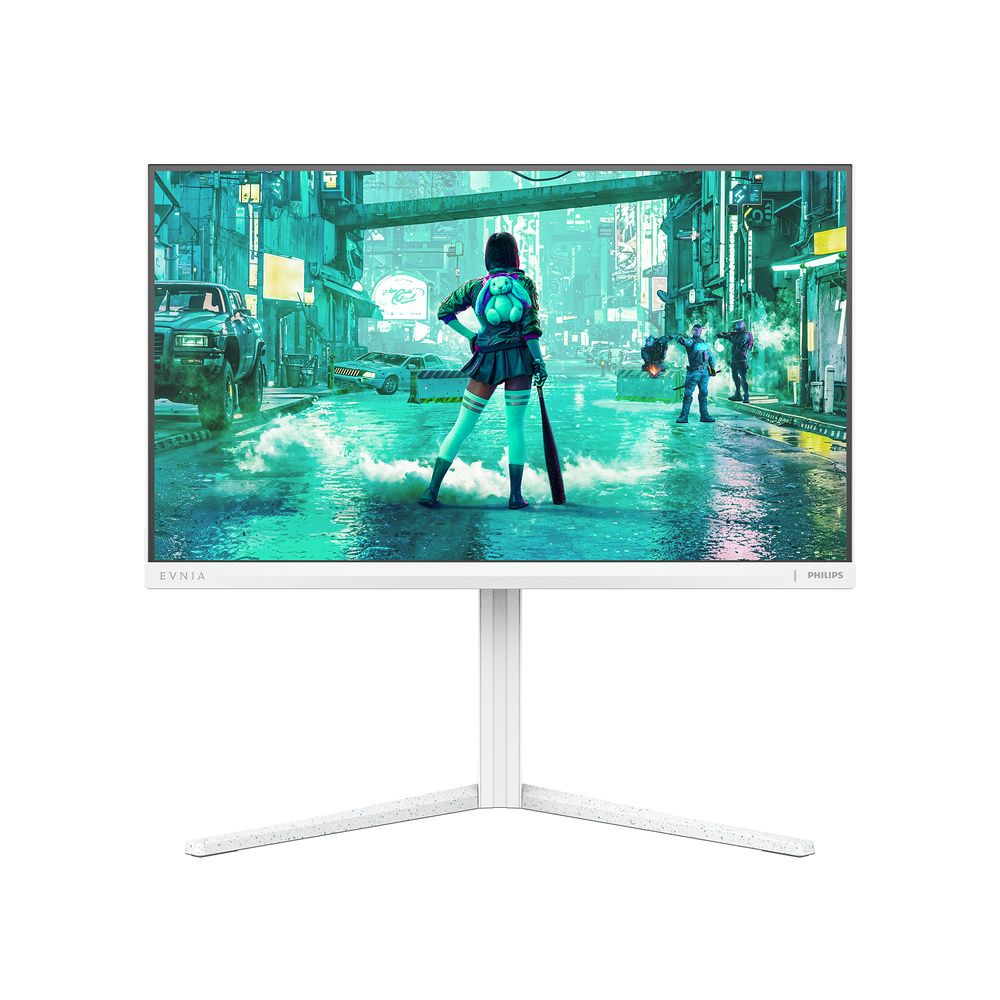 Vista frontal del monitor Philips Evnia 24M2N3201P, con una escena de videojuego en pantalla y soporte blanco en forma de V.
