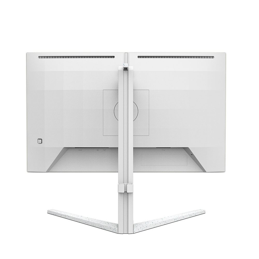 Parte trasera blanca del monitor Philips Evnia 24M2N3201P, con su soporte central y base en forma de V.