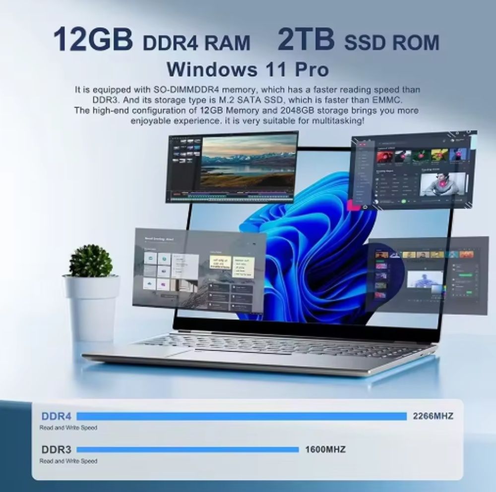 Portátil con Windows 11 Pro, 12 GB de memoria RAM DDR4 y almacenamiento SSD