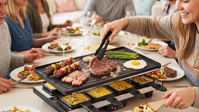 Parrilla raclette sobre una mesa con verduras, carne y pequeñas bandejas para fundir queso durante una cena.