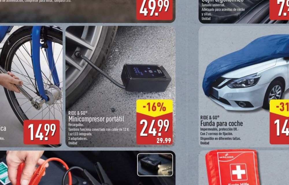 Folleto de Aldi con el minicompresor portátil RIDE & GO junto a una bicicleta y otros accesorios para vehículos.
